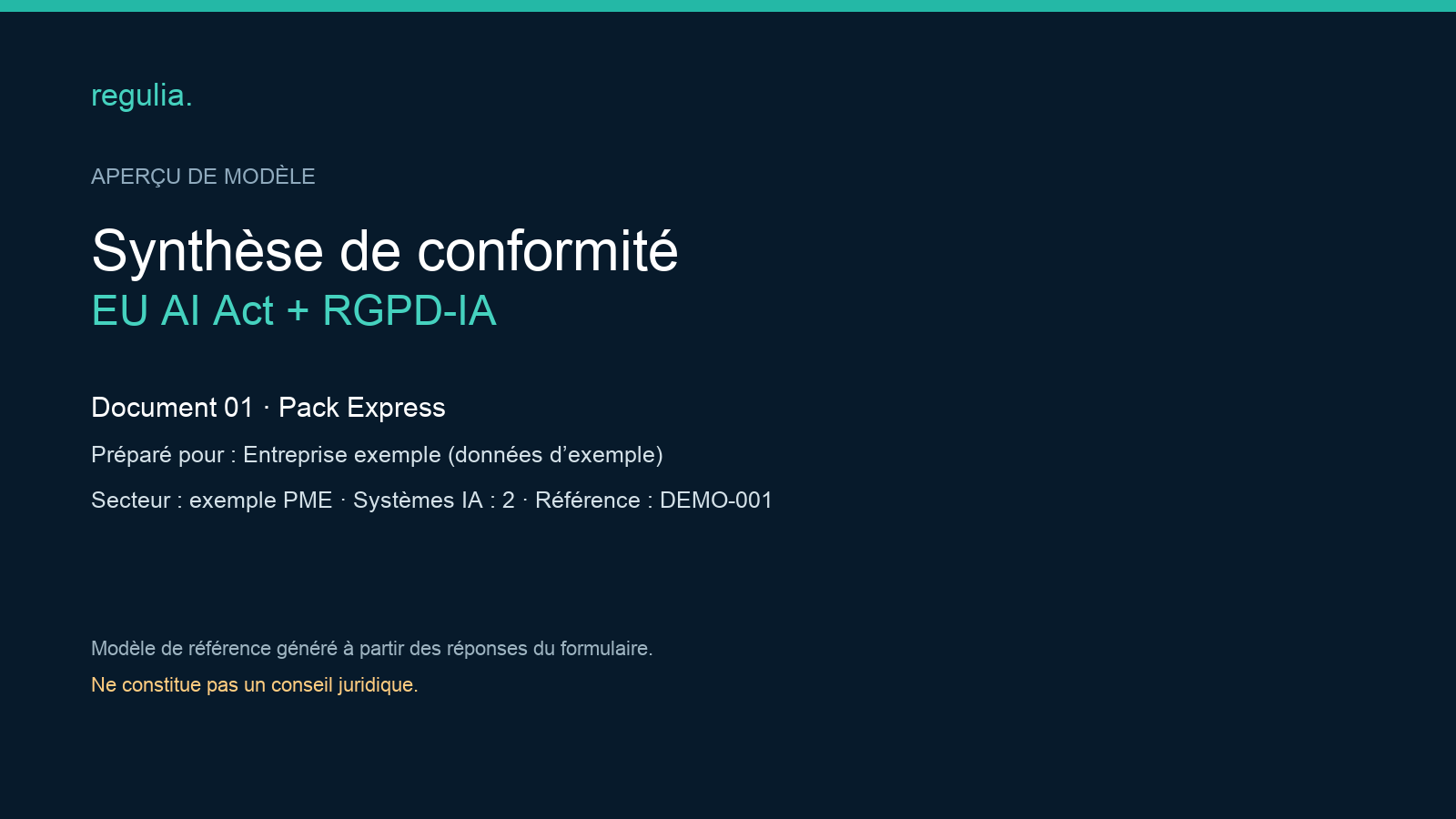 Exemple de synthèse de conformité du pack regulia, avec des données fictives